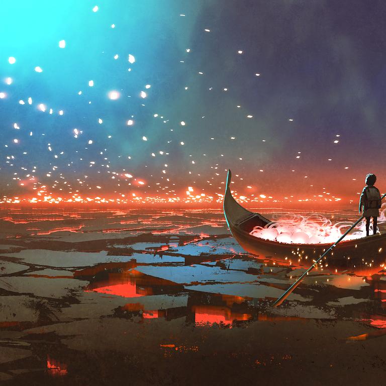Im Hintergrund bei den Produkten befindet sich eine Lava-See, durch das ein Kind ein Boot steuert, das leuchtende, lebende Kugeln transportiert, die glühend am Horizont erscheinen und vom Himmel herab schweben.